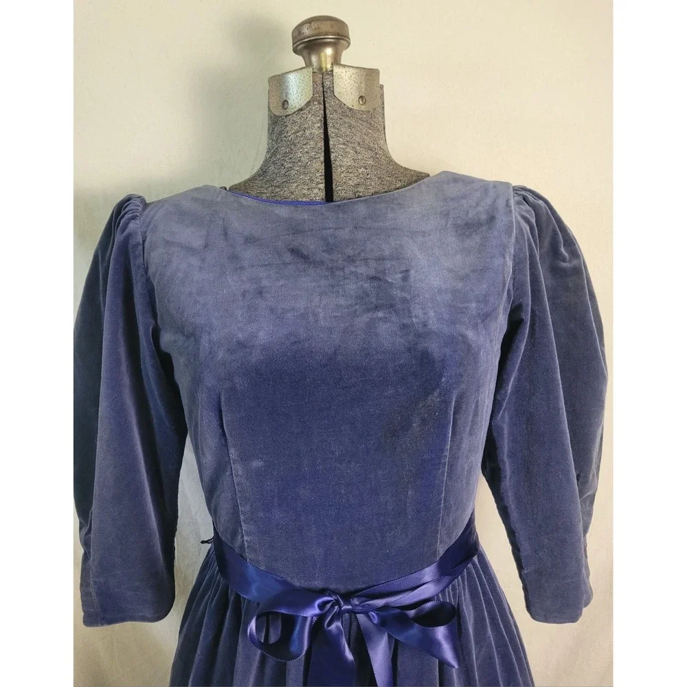 Vintage 40s‎ 50s Dusty Blue Velvet Midi Dress 3/4 Sleeve Ribbon Waist FLAW XS